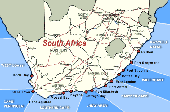 South Africa Surf Trip Destinations Map